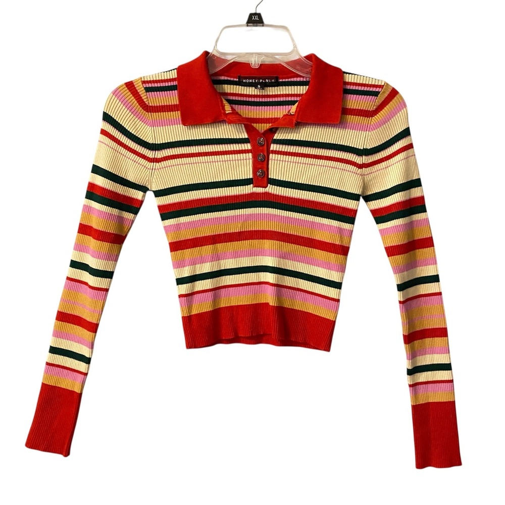 Honey Punch Striped Knit Polo Shirt Long Sleeve Cropped Y2K Babydoll Size Sm
